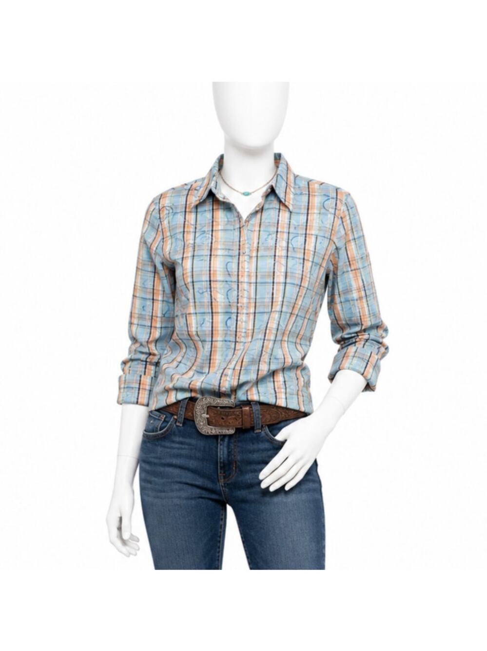 Wrangler Ultimate Riding Shirt Cash Womens L Plaid Embroidered Western NWT Blue